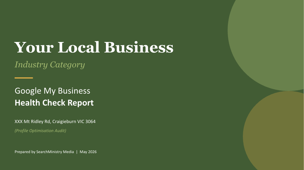 Google My Business Health Check Report sample prepared by SearchMinistry Media, showing local business profile optimisation audit cover page