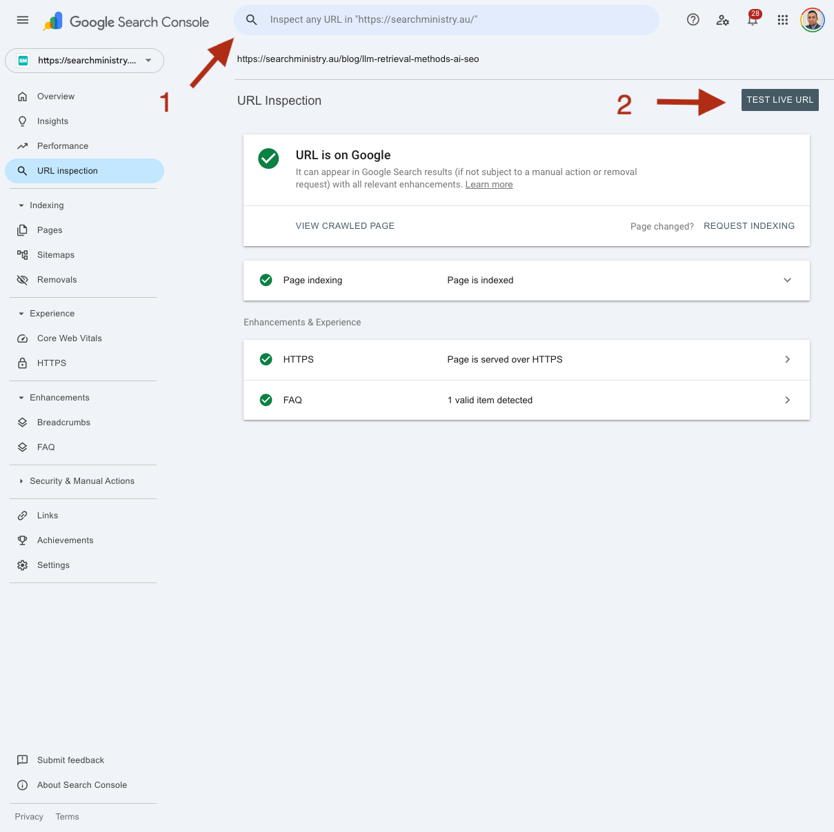 Google Search Console URL Inspection panel showing a URL entered in the search bar at top (step 1) and the Test Live URL button highlighted with a red arrow (step 2)