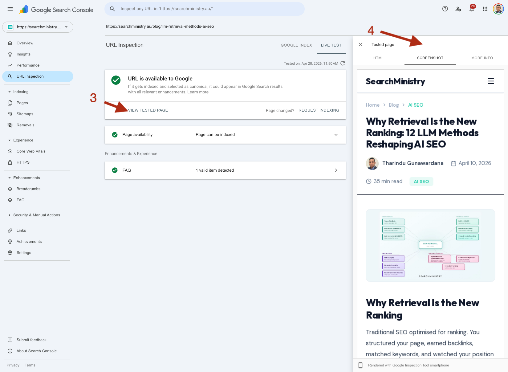 Google Search Console Live Test result showing View Tested Page button (step 3) and the Tested page panel on the right with Screenshot and HTML tabs (step 4)