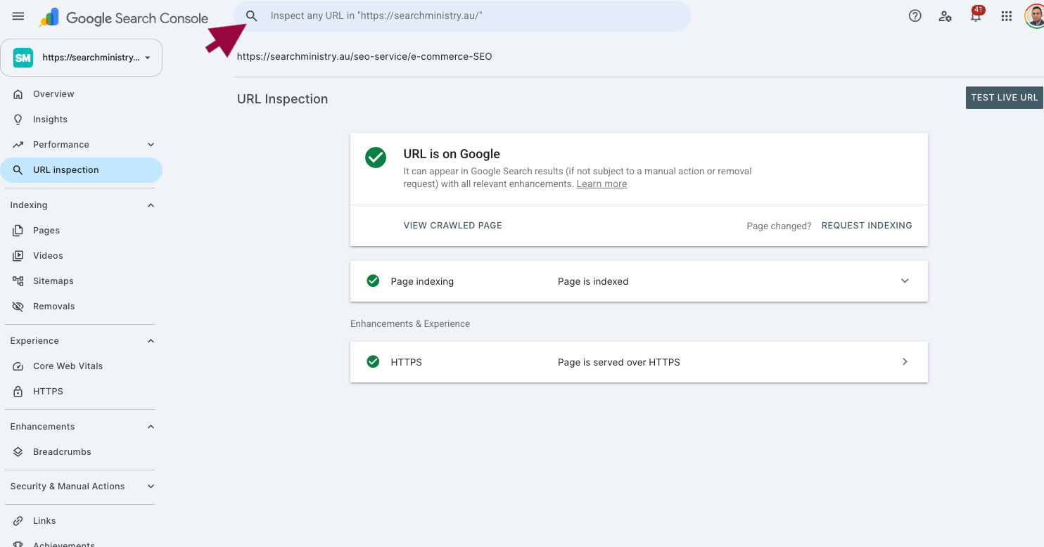 Google Search Console URL Inspection Result