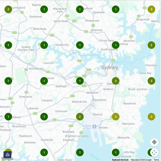 Google Maps grid tracker showing Pases Aqua ranking #1 and #2 across Sydney suburbs