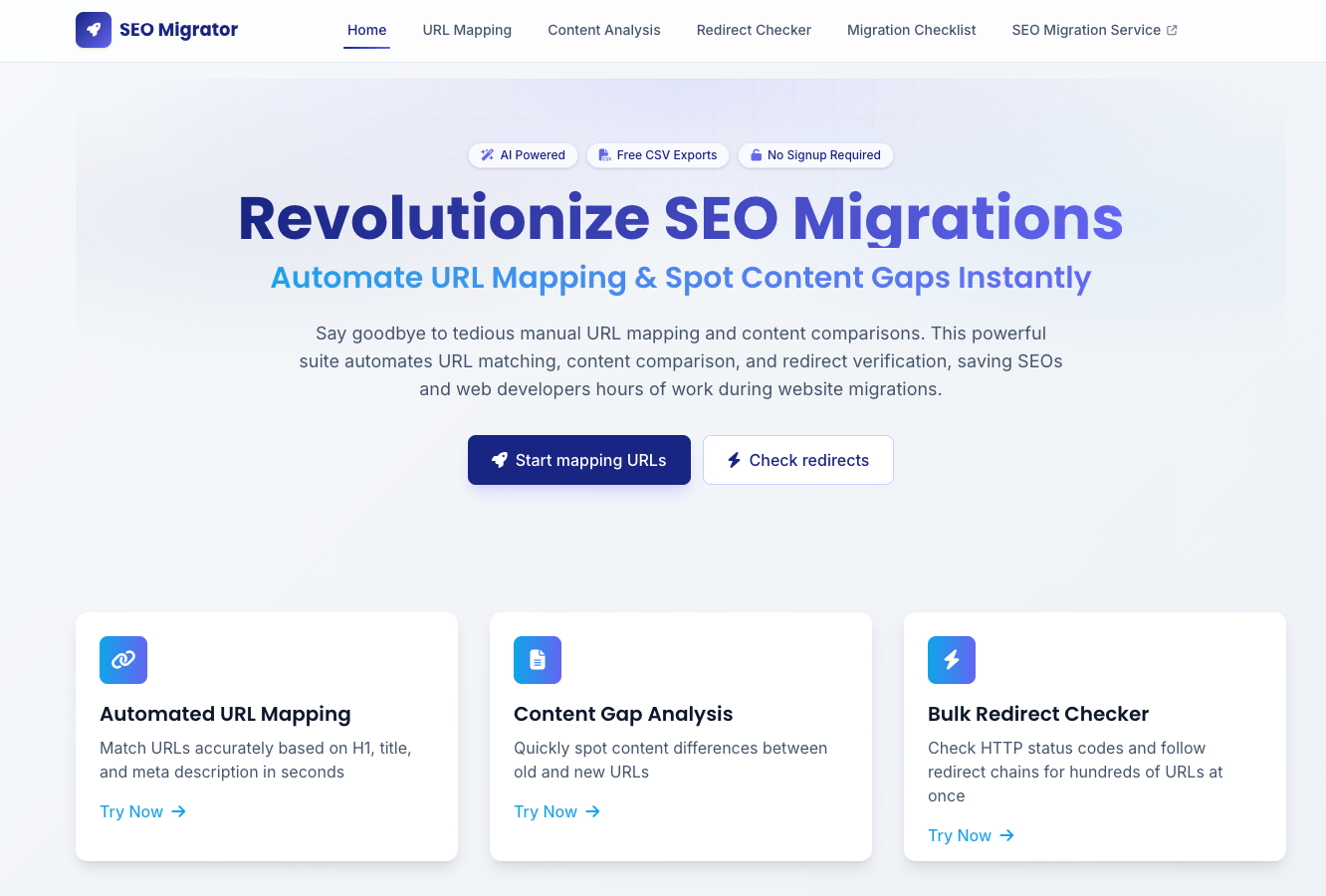 SEO Migrator tools for URL mapping, content gap analysis and redirect checking