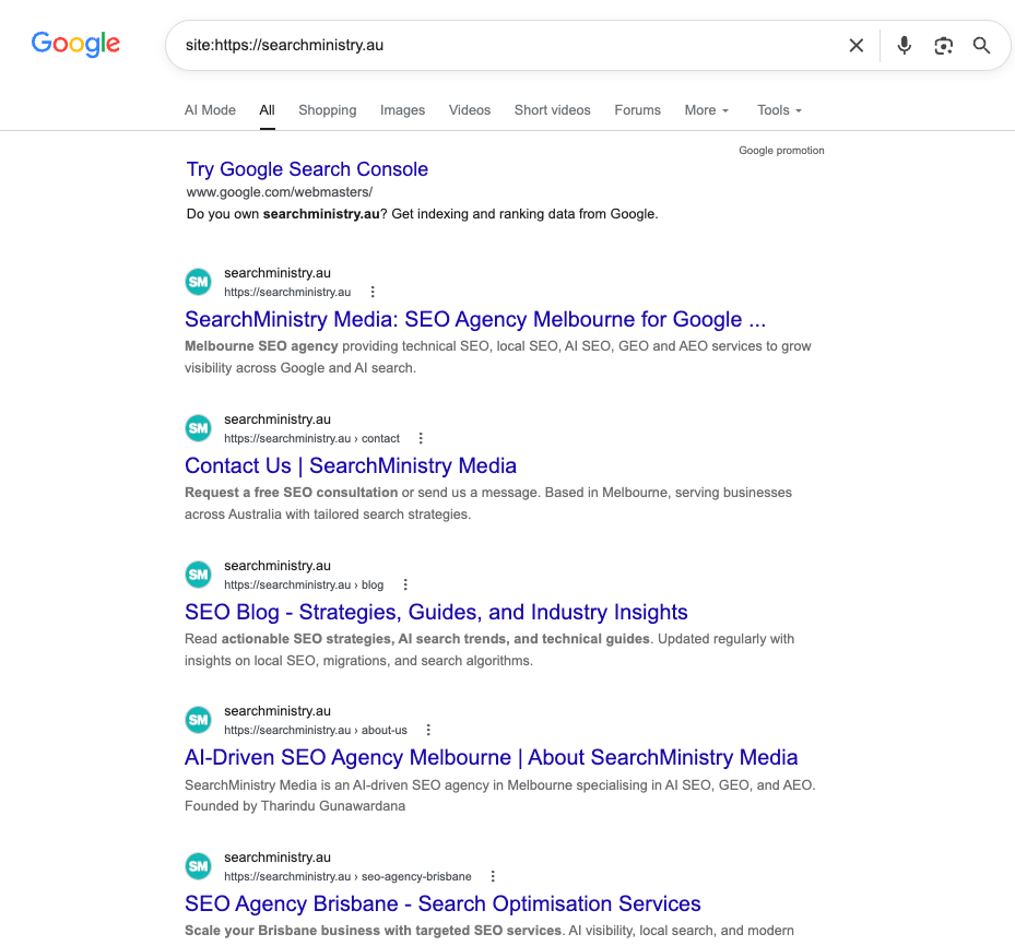 Using site: operator in Google to check index status