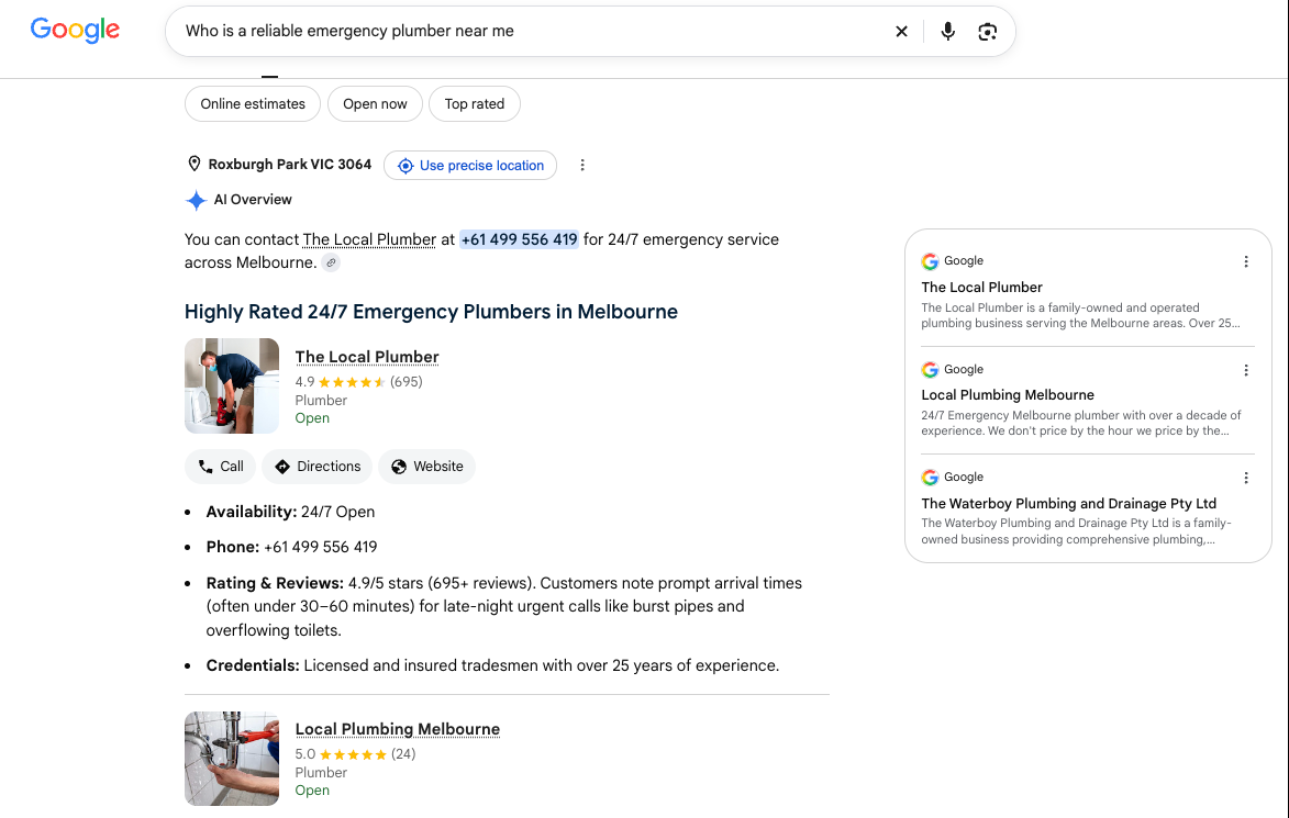 Google AI Overview for an emergency plumber search, showing Melbourne plumber recommendations